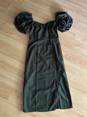 Miami Francesca’s Dark Green Puff Sleeve Tie Wrap Midi Dress Small